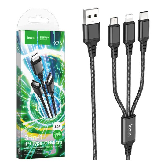 Hoco 3 in 1 Charging Cable X76 Super USB-A to (Lightning+Type-C+Micro) 2.0A 1m Black